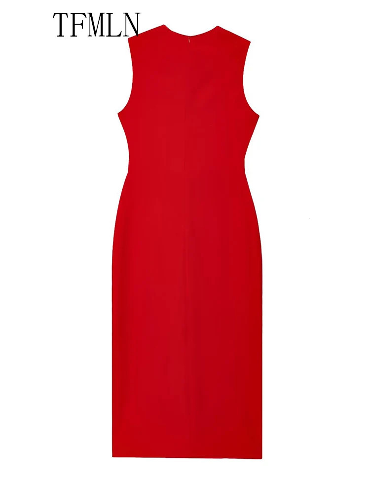 TFMLN Elegant Women Midi Dress With Belt Summer Oneck Single Breasted Sleeveless Pocket Dresses Front Slit Solid 250520