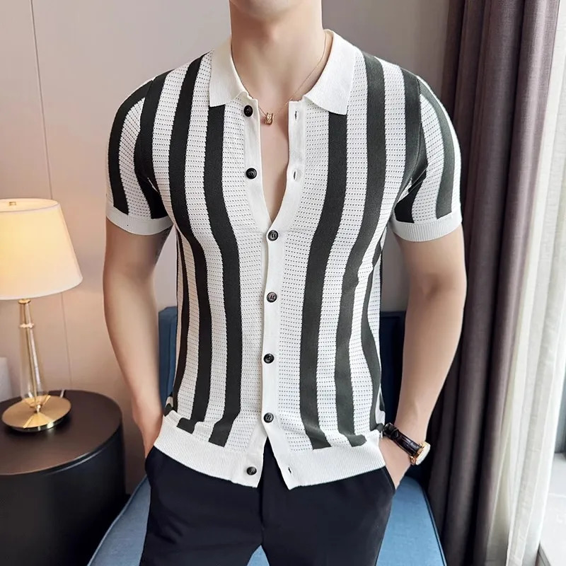 Summer Mens Striped Knit Shirts Lightweight Slim Fit Breathable Casual Shirt Men Turn Down Collar Short Sleeve Knitted Tops 250520