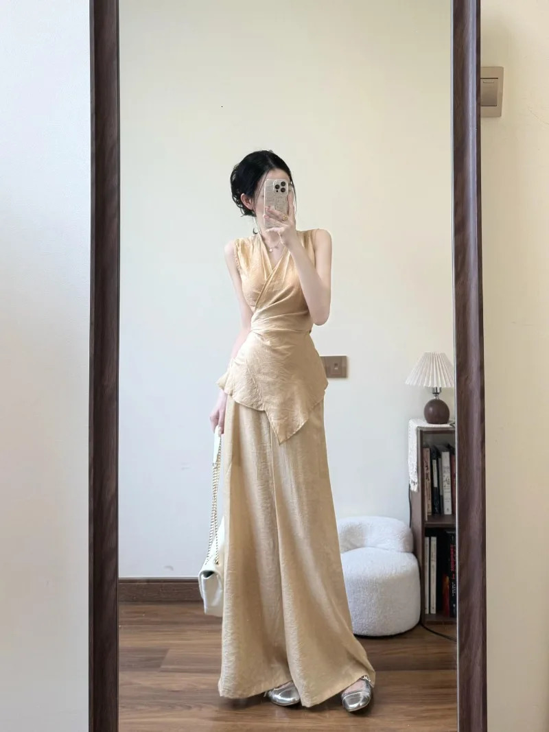 Elegant Summer Two Piece Sets Women High Quality V-neck Sleeveless Lace Up Slim Waist Blouse Top Wide Leg Pants Outfits 250516