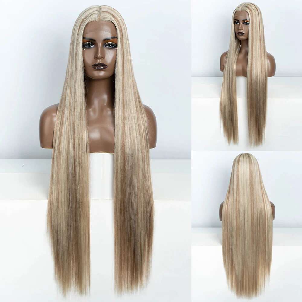 Synthetic Piano Blonde Brown Black Wigs 38 Inch Long Cosplay Straight Lace Front Wig
