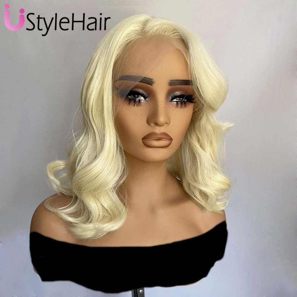 613 Blonde Short Wave 13x4 Bob Front Wig Glueless Side Part Synthetic Frontal Lace Wigs for Black Women Daily Wear