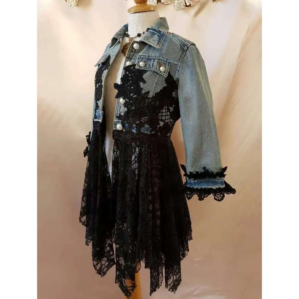 Lapel Women Lace Hook Flower Hollow Out Patchwork Frayed Edges Hole Denim Jacket Autumn Streetwear Jean Coat 2024