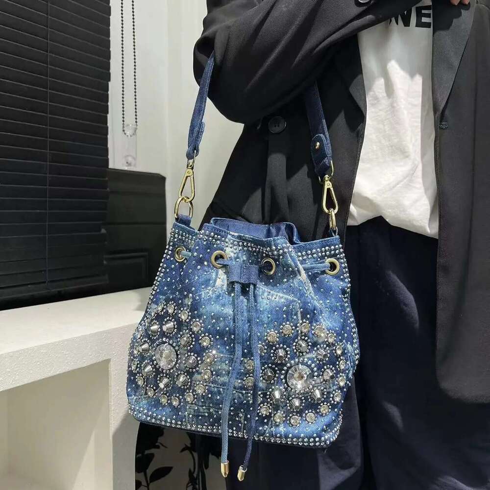 Women's Fashion Elegant Shoulder Bag Large Capacity Drawstring Dia Denim Handbag