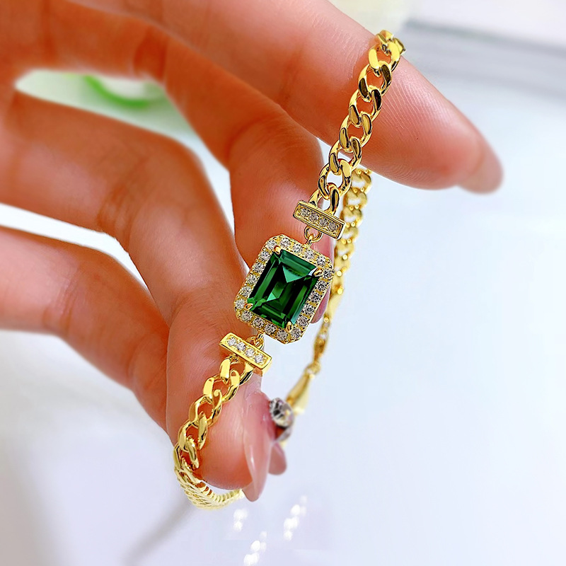 New S925 Sterling Silver Bracelet with 6x8mm Faux Emerald, Simple & Elegant Design for Women, Luxury Minimalist Jewelry