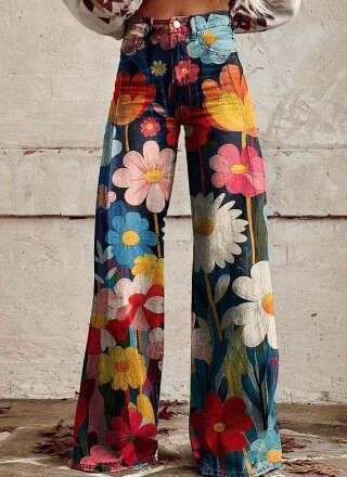 Women's oversized imitation denim 3D printed casual wide leg pants, flared pants