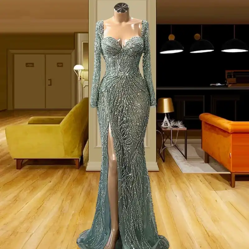 Luxury Crystals Prom Dresses Blue Full Sleeve With Sweetheart Lace Beaded Elegant Evening Gown Shiny Pageant Gown Plus Size Special Occasion Vestidos 