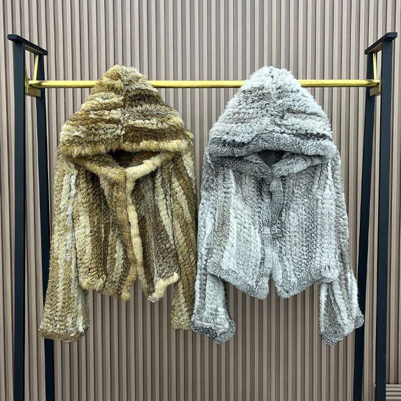 2023 Autumn Winter Women Real Natural Rabbit Thick Coat 100% Fur Warm Jacket Loose Knited Hooded Full Sleeves