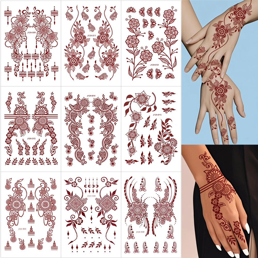 9pcs/pack Brown Henna Tattoo Stickers for Hand Maroon Henna Temporary Tattoos Flower Fake Tattoo for Women Festival Body Art 250515