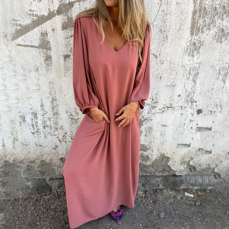 Spring and Autumn Foreign Trade Cross-border Casual Loose V-neck Solid Color Women's Lantern Sleeve Dress