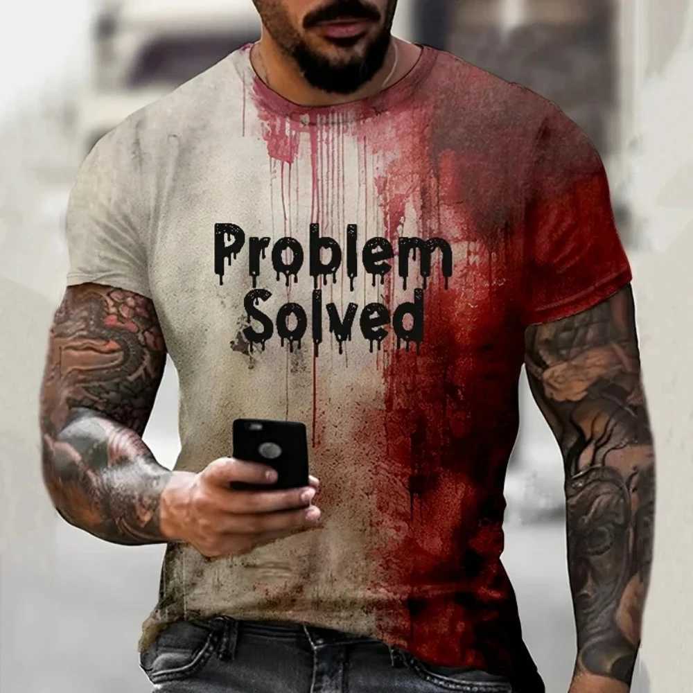 Mens T Shirts Problem Solved Bloody Print Tees Fashion Horrible Halloween Short Sleeve Casual Round Neck Oversized T-shirt TopsXJ250520