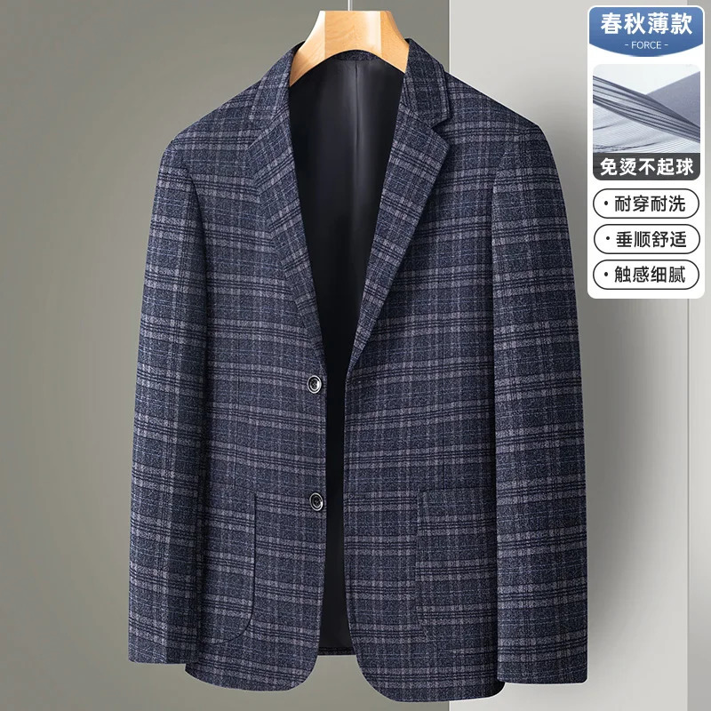 Leisure Loose Navy Blue Check Texture Spring and Summer Young Mens Suit Fashion Trend Casual Coat 250514
