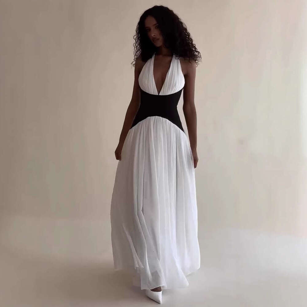 Color blocking sexy vacation hanging neck deep v backless long dress, dress 2025 new casual versatile fashion clothing