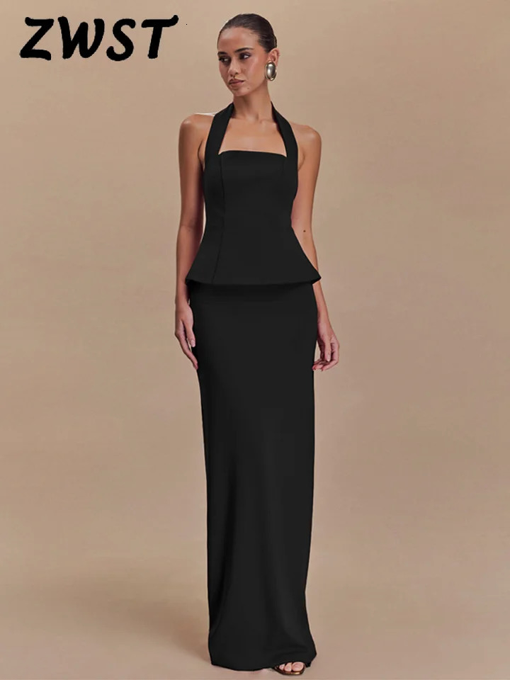 Red Halter Women Vest Set Sexy Hip Package Split Lady Maxi Skirt Suit Fashion Sleeveless Evening Party Female 2 Piece 250520