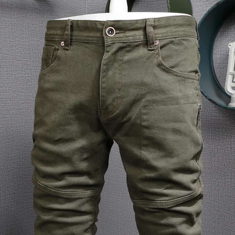 Streetwear Fashion Army Green Elastic Slim Fit Spliced Designer Biker Jeans Men Stretch Hip Hop Denim Pencil Pants