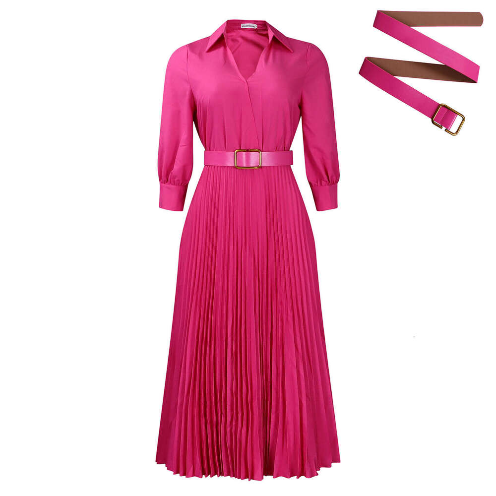 Women's Wear D3286 Plus Size Women's Clothing Autumn And Winter New Style Elegant Temperament Lapel Solid Color Big Swing Pleated Dress