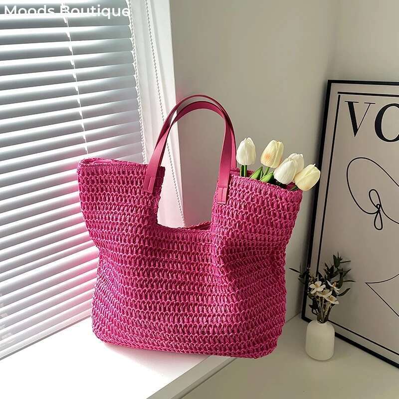 MOODS Summer Beach Straw Woven Shoulder Tote Bags For Women Large Capacity Shopping Totes 2025 Brand New Travelling Handbags