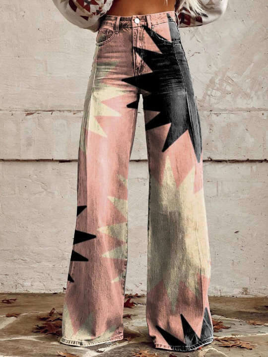 Women's High-Waisted Wide-Leg Stretch Jeans - Printed Design for Casual Chic Look
