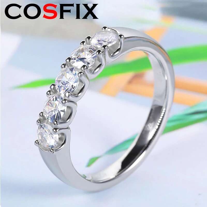 COSFIX 5 Stones D Color 1 Carat Moissanite Row Ring 925 Sterling Silver Plated Pt950 Band Fine Jewelry For Women Wholesale