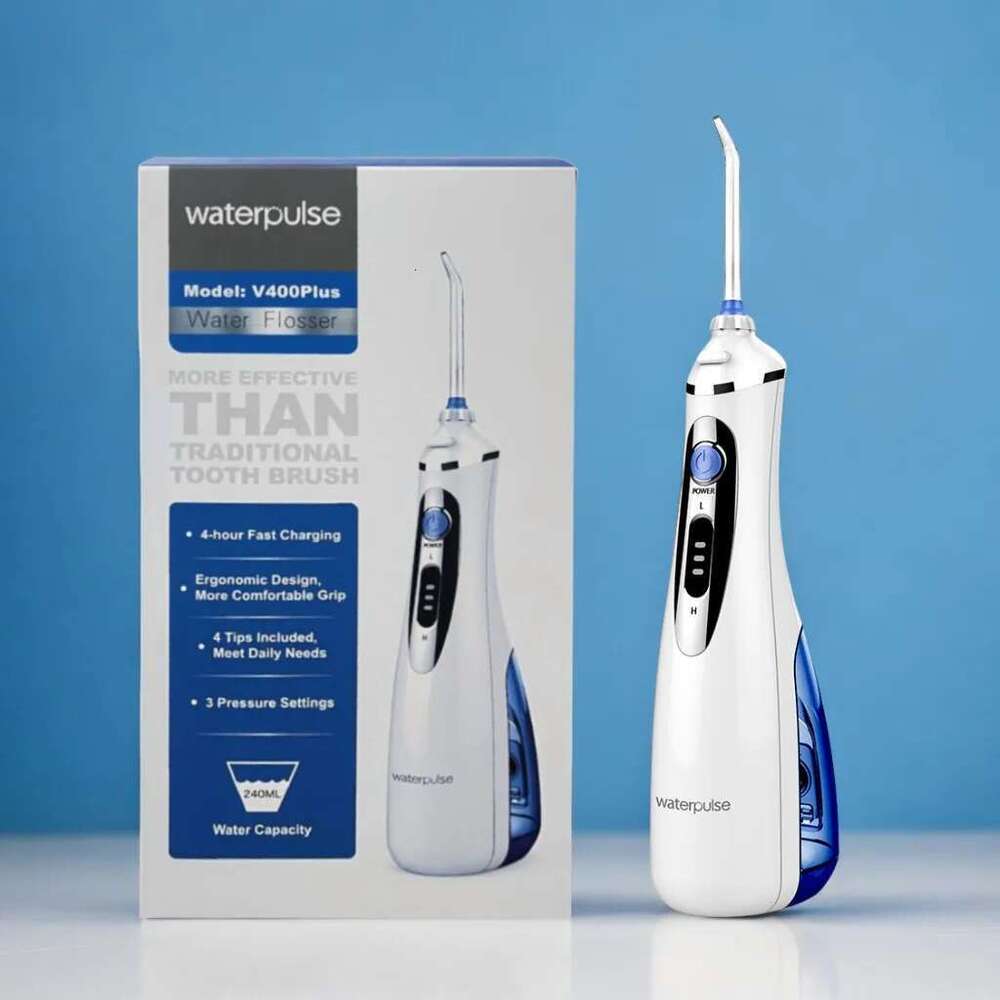 Waterpulse oral dental floss irrigator, tooth cleaner 240ML, 3-speed adjustable, 2000mAh, 4 replacement nozzles
