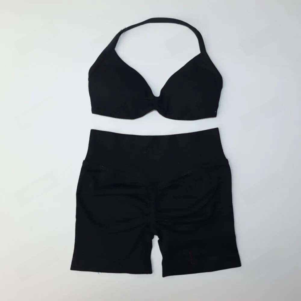 Designer 2 Piece Seamless Yoga Set High Waist Scrunch Shorts Strappy Sports Bra Backless Workout Outfit Gym Clothes for Women