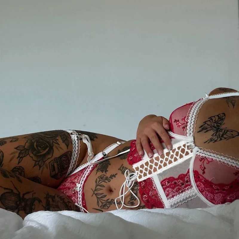Sexy Lingerie Suit for Women Lace Patchwork Lace Up Hollow Out Underwear Sexy Knot Exotic Garters Underwear Set New R250520