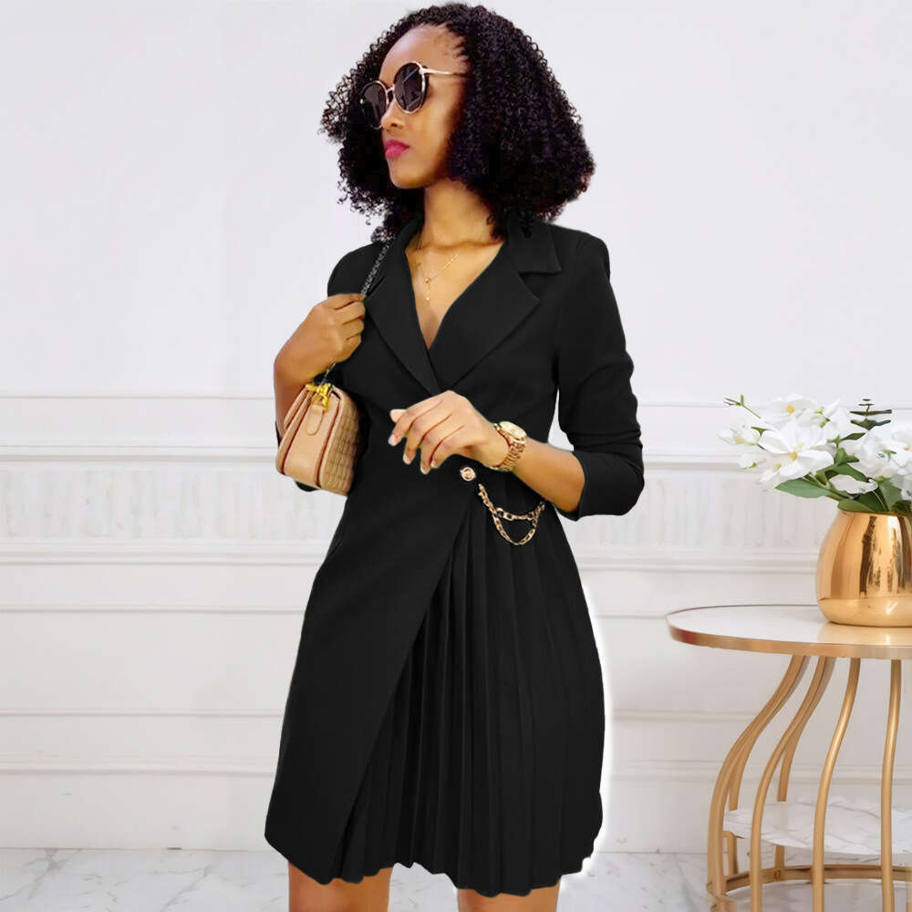 Women's Wear D3301 Autumn And Winter New Sexy Waist Cinching Pleated Suit Collar Dress
