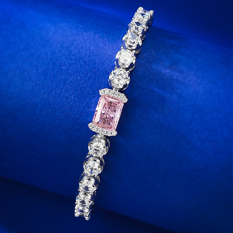 New S925 Silver Ice Flower Cut 6x8 Pink Diamond Inlaid Cluster Diamond Bracelet, Elegant Luxury Design