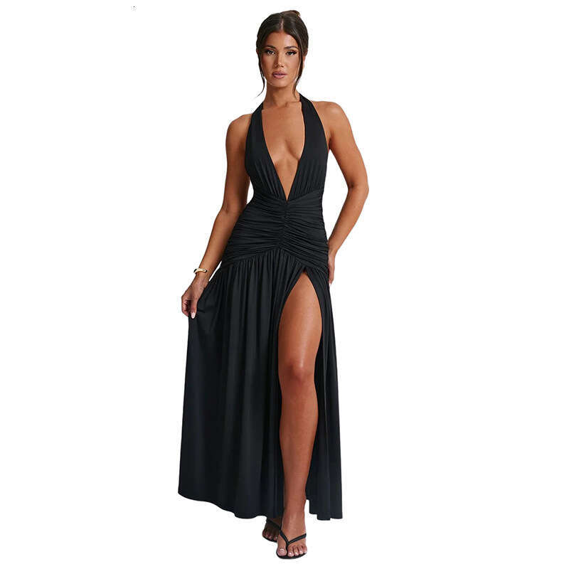 Halter Dress Feng Summer New Women S Style Hanging Neck V Neck Long Sexy Split Fold Off Back Dress Maxi Dress