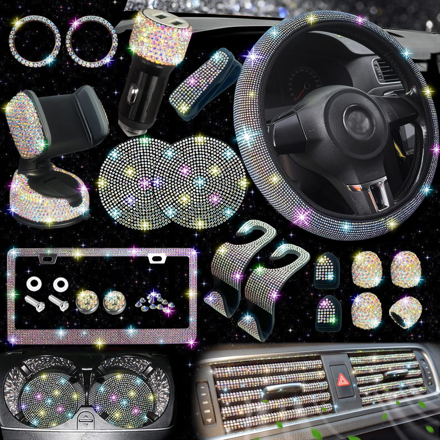 New Diamond Blingbling 27PCS/Set Car Interior Decor Accessories Set For Women Steering Wheel Cover License Plate Frame Car Vent Decor Phone Holder Hoo