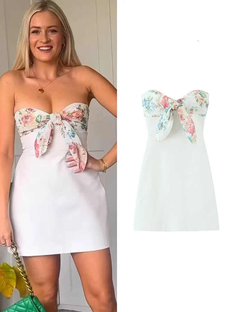 TFMLN Women Sweet Strapless Mini Dress Sleeveless Bow Patchwork n Summer Party Slim Fashion Printed Dresses 250520