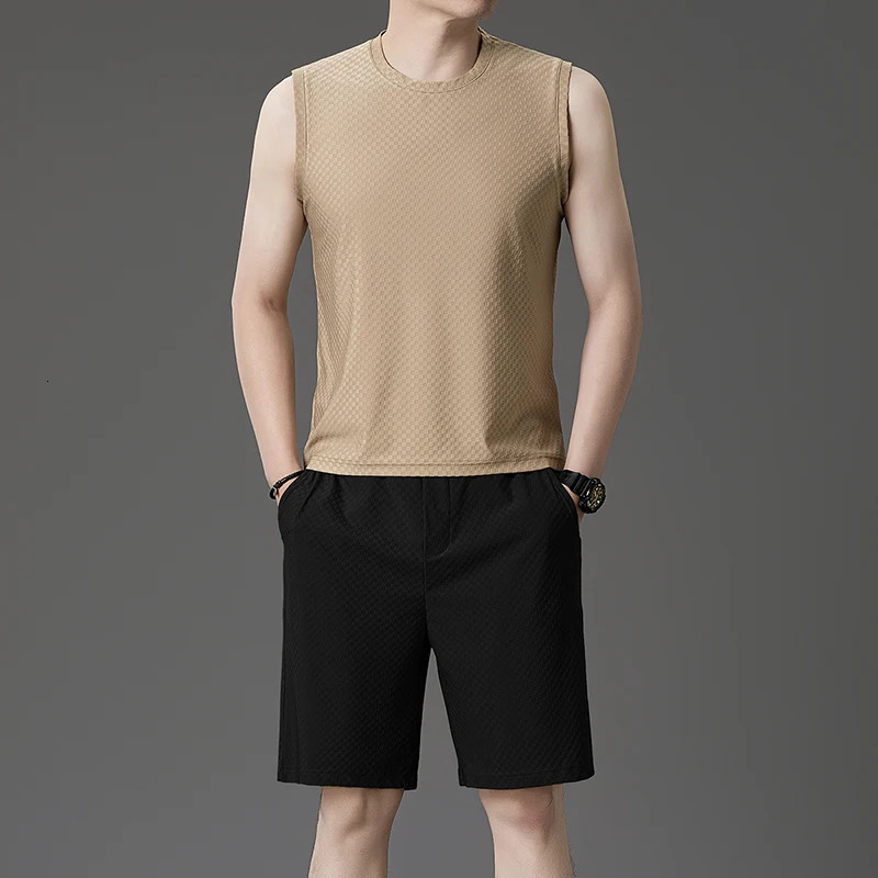 Mens Casual Business Loose and Comfortable Ice Silk Quick-drying Vest Two-piece Set Breathable T-shirt Shorts Sports Casual 250519