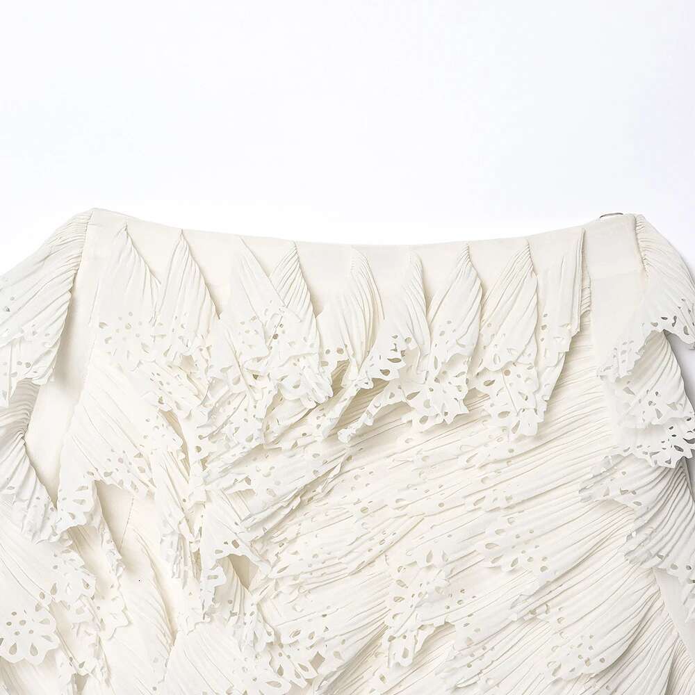 INS Fashion Sweet White High Waist Side Zipper Hollow Out Pleated Design Women Mini Solid Skirt ZATT 2025 Spring New