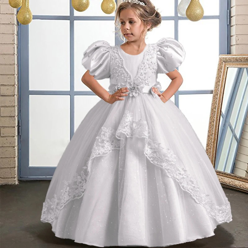 Elegant Girls Birthday Party Dress for 4-12 Years Old Halloween Princess Dress Bubble Sleeves Girls Fluffy Dress 250519