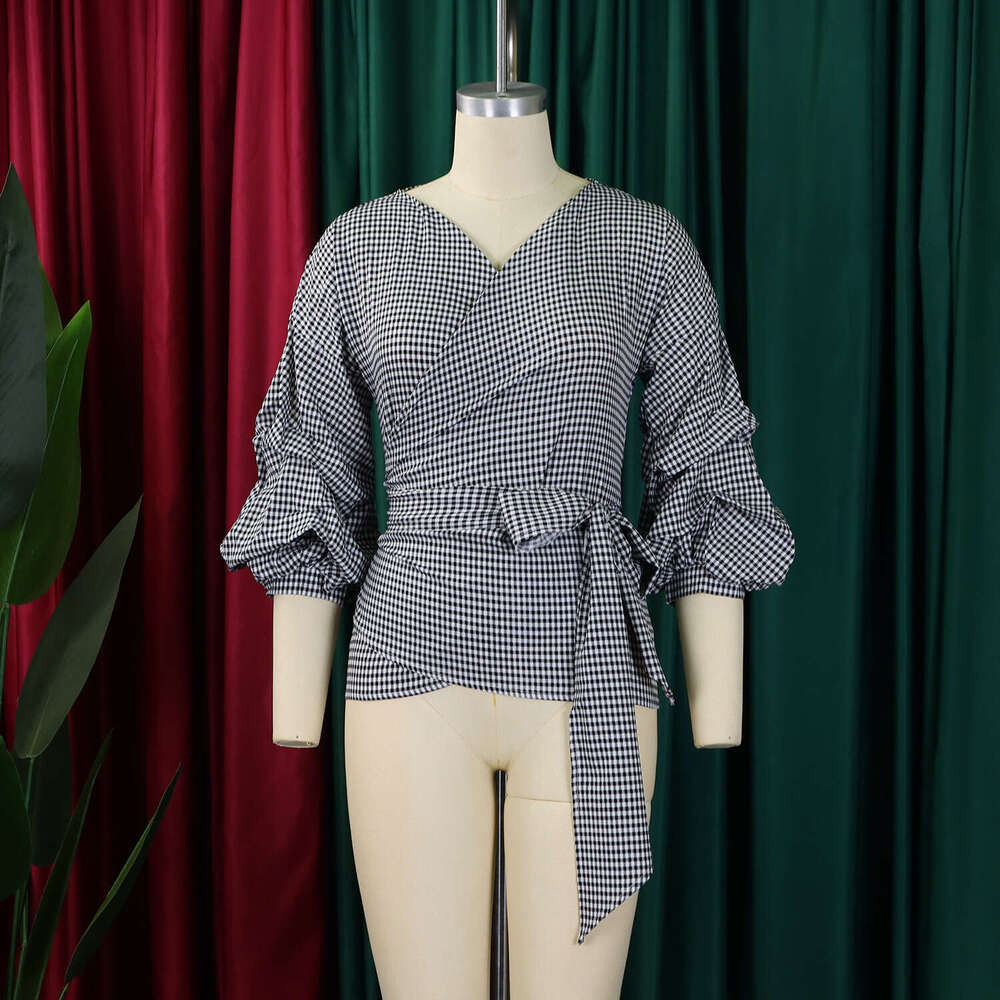 Women's Wear D3319 Summer Large Fashion V-Neck Bubble Sleeve Big Bow Decorative Shirt Checkered Strap Top