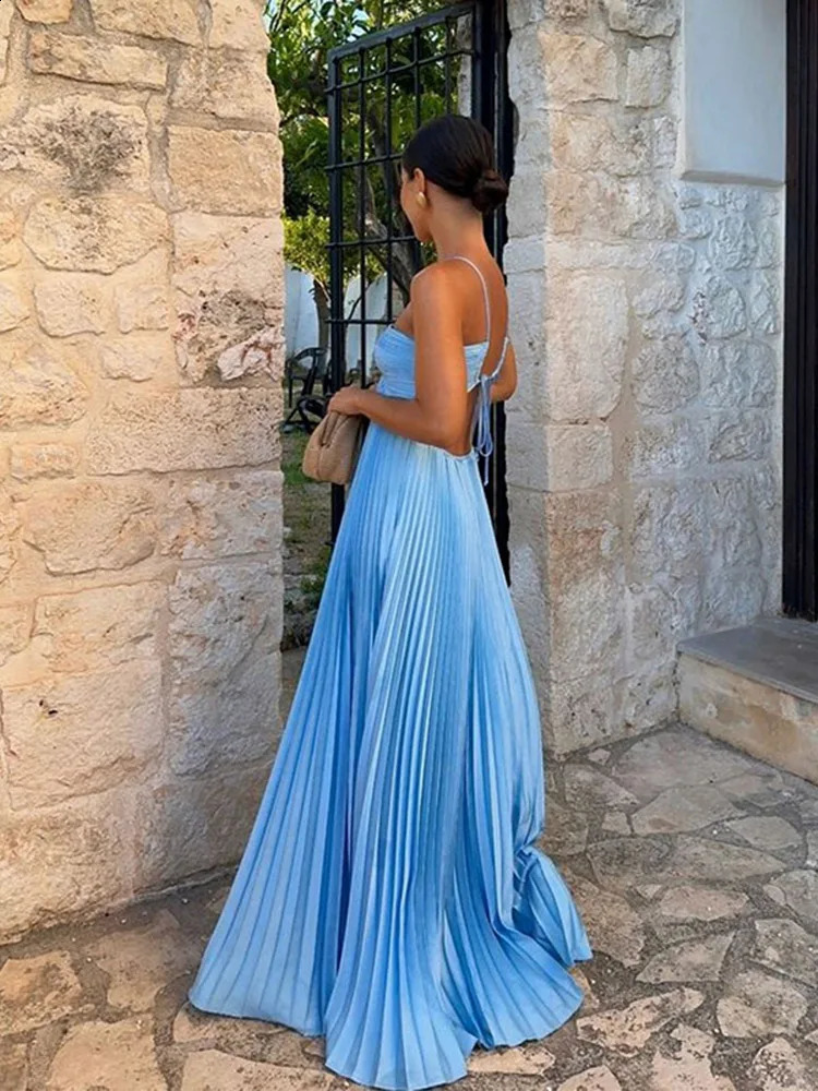 Summer Halter Pleated Long Dress Women Backless Sleeveless Blue Beach Vacation Dresses Female 2025 Fashion Lady A-line Robes 250519