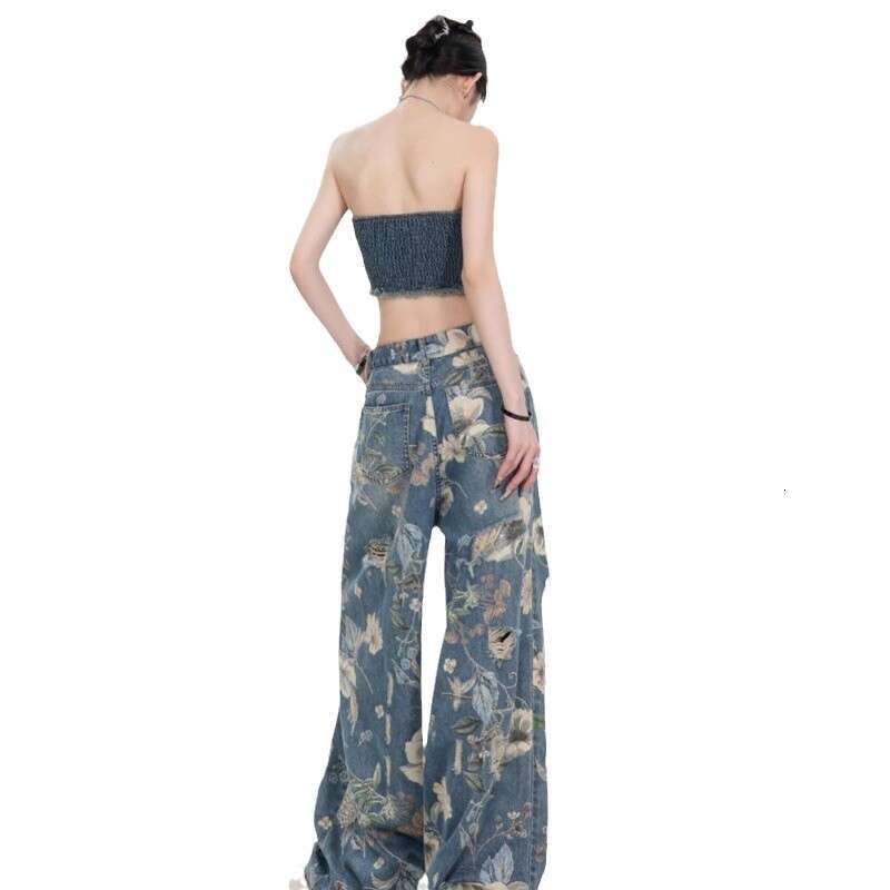 China-Chic Fashion Summer New American Printed Perforated Jeans Women's Loose Straight Leg Pants Trendy