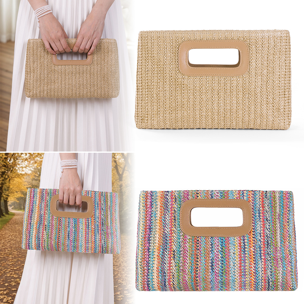 Women Straw Woven Bag Weaving Tote Bag Large Capacity Raffia Evening Bag Hasp Closure Simple Shoulder Purse Summer Vacation Tote