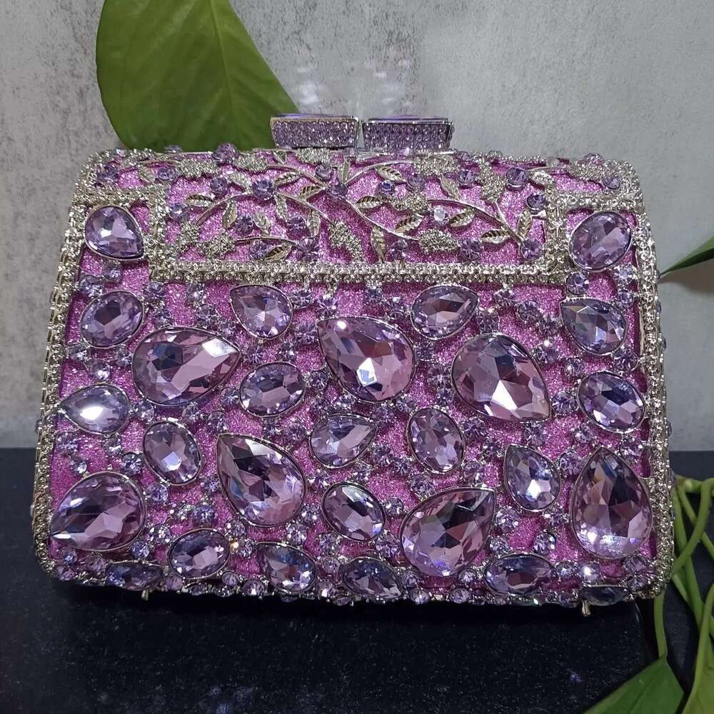 Women Stones Evening and Female Rhinestone Handbags Wedding Party Minaudiere Purse Clutches Bags Purple Bag
