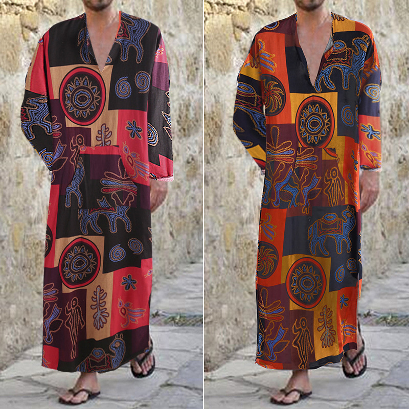 Designer Clothing Arabian Dubai Omani Robe Cotton Oracle Bone Script Elephant Print Saudi Men's Clothing 2025 New Model