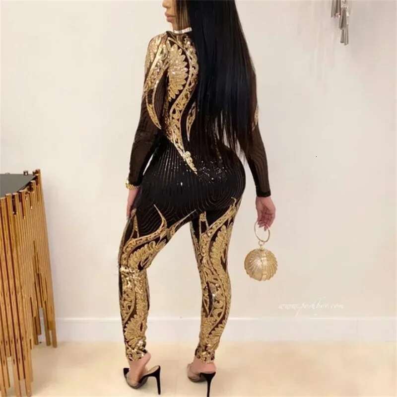 Fashion Patterned Sexy See-Through Jumpsuit Women Slim Fit Pencil Trousers Rompers Female Party Club Nightclubs One-Piece Pants