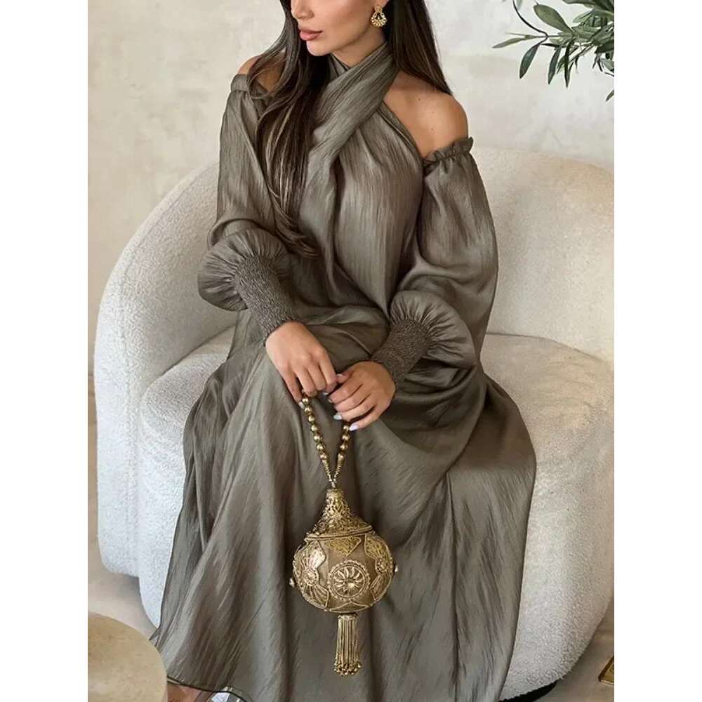 Modigirl American Retro Halter-Neck Loose Cold Shoulder Puff Sleeves H-Line Maxi Dress 2025 New Elegant Evening Dresses Designer