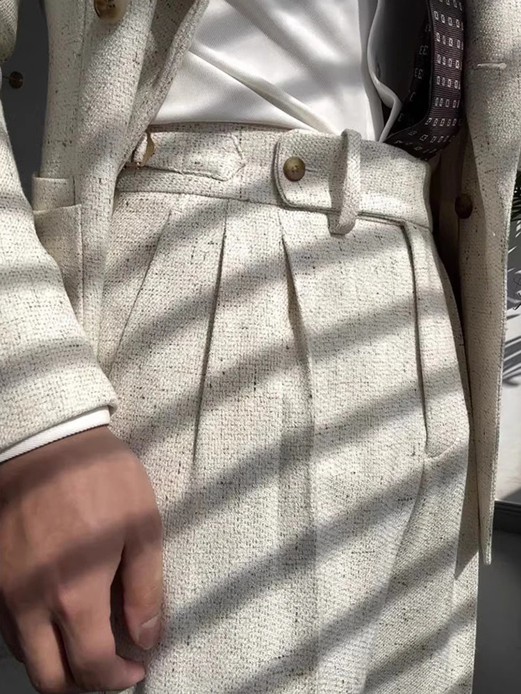 2025 Spring Casual Trousers Mens Vintage Belt High Waist Straight Pants Naples Fashion Solid Color Pleated Mens Woolen Trousers 250519
