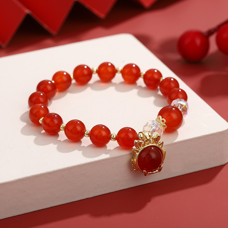 The Chinese style beads lucky Year of the Loong fortune coins agate red rope temple bracelet female