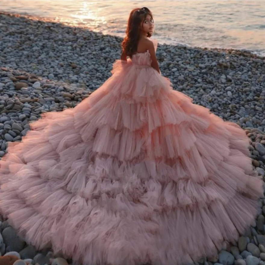 Customized Kids Strapless Party Pageant Dresses Tiered Princess Birthday Photoshoot Dress High Low Flower Girl Dresses For Beach