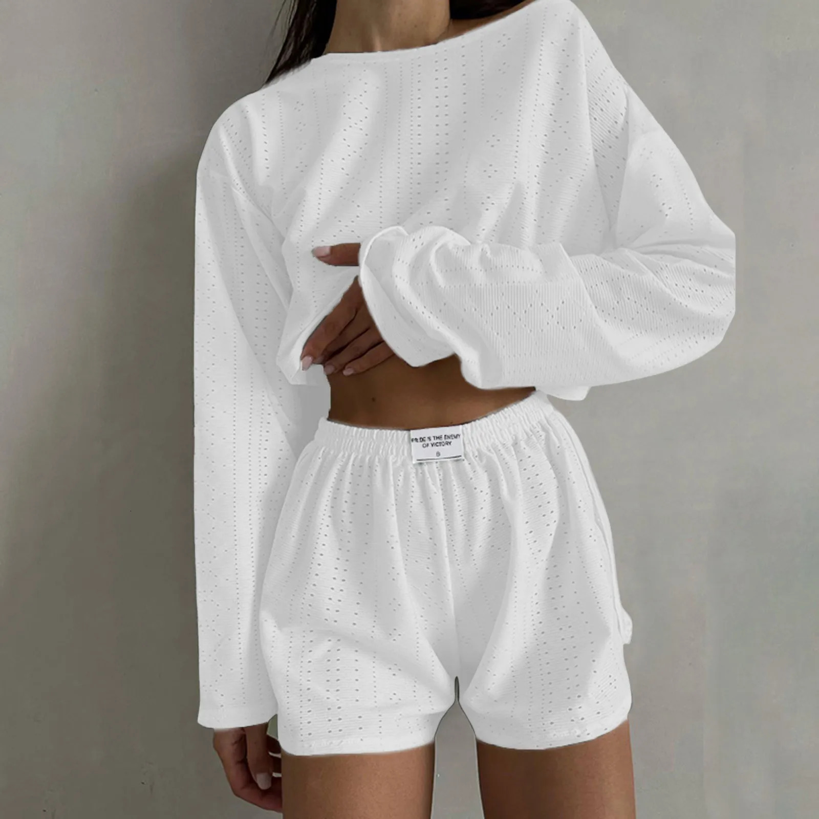 Womens Summer Fashion Casual Two Piece Outfits Casual Shorts Set O Neck Long Sleeve Tops And Shorts Swim Short Suits for Women 250516