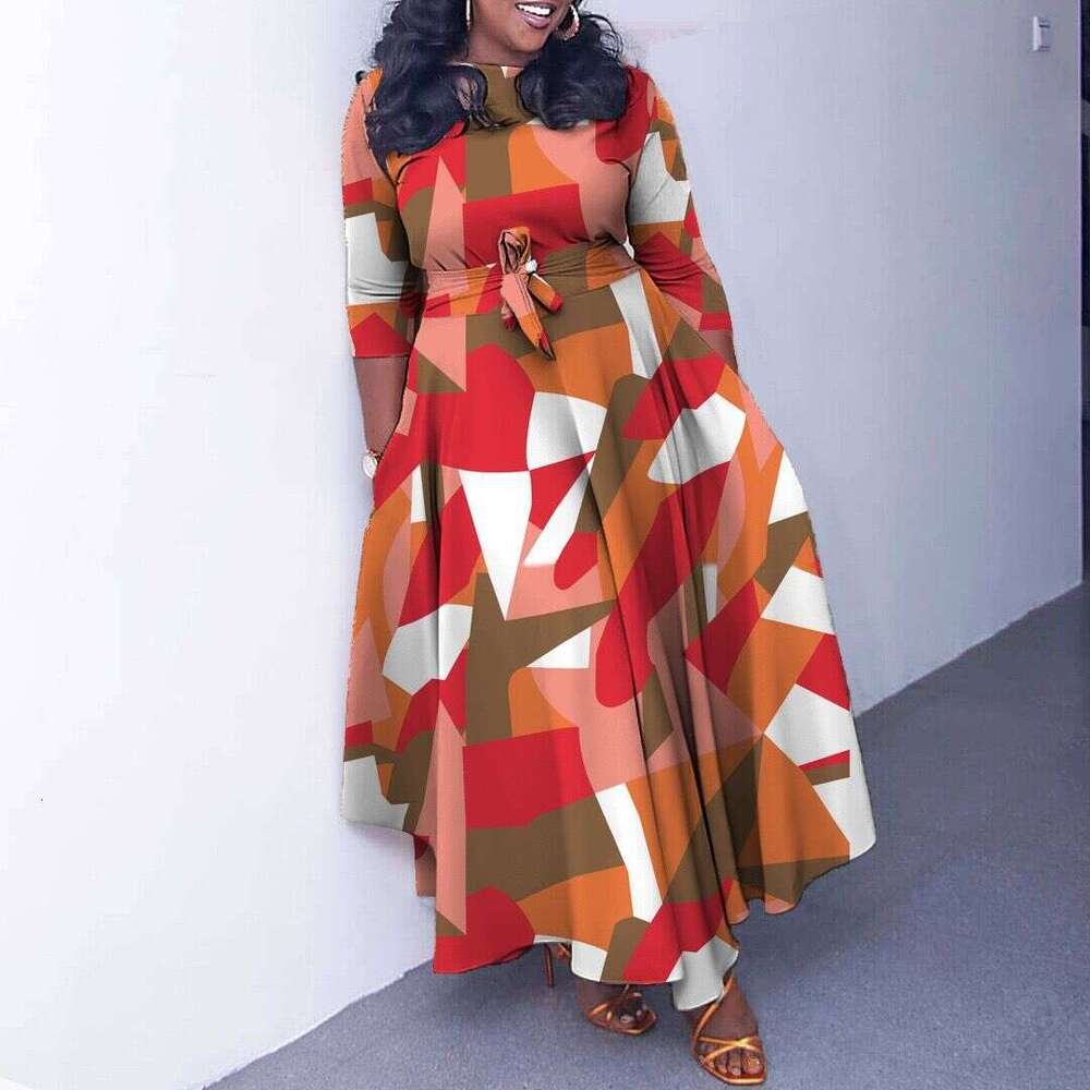 Women's Wear Spring/Summer New Fashionable And Elegant Print Lace Up Round Neck Large Swing Dress