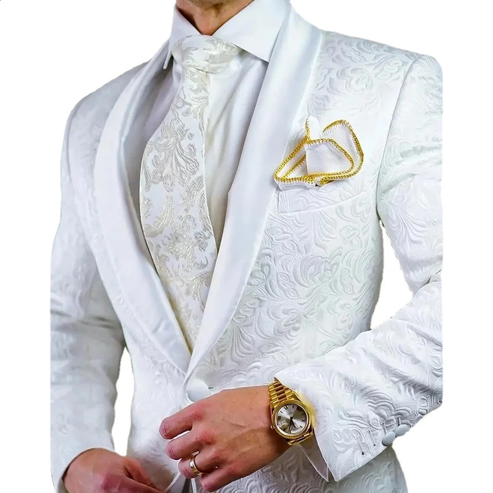 Handsome Men Suits White Jacquard One Button Shawl Lapel Slim Fit Blazer Elegant Business Prom Party 2 Piece Jacket Pants Sets 250519