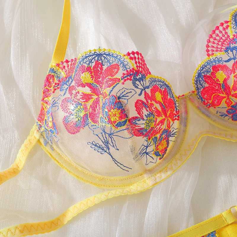 Piece Set Embroidery Flower Lingerie Sets Summer Sexy Contrast See Throught Lace Underwear Outfits For Party Night Club R250520