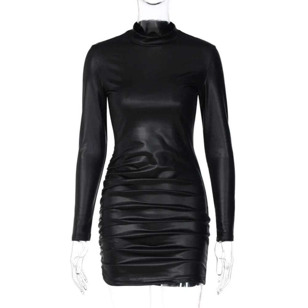 Sexy Imitation Leather Folds Slim Bodycon Women Soild Color Long Sleeves Skinny Mini Dress Elegant Club Party Vestidos