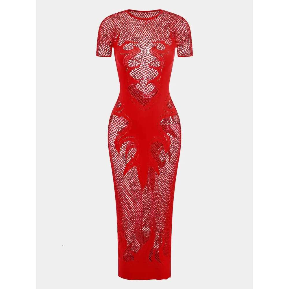 Knit Sheer Short Sleeve Cut Out Long Women Summer Column Party Dresses Cover Up Slim Dress